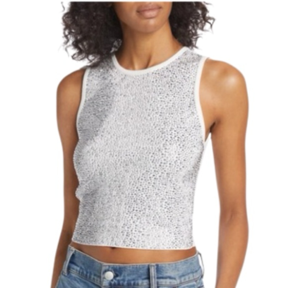 💗 Alice & Olivia Darina Studded Crystal Tank S 💗 White/Silver